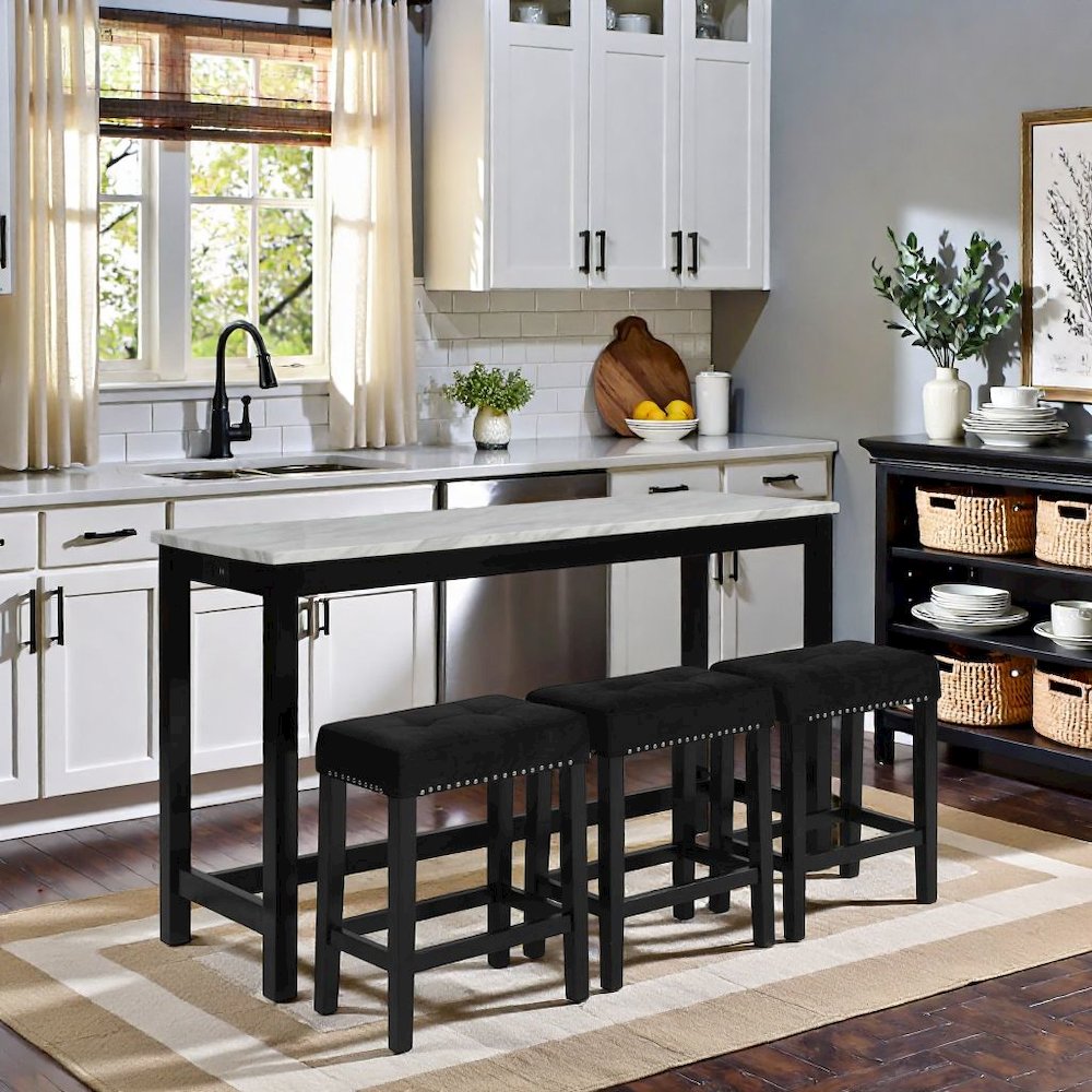 Bar Table Set, Console Table with Stools, Wood Sofa Table with Stools Black. Picture 3