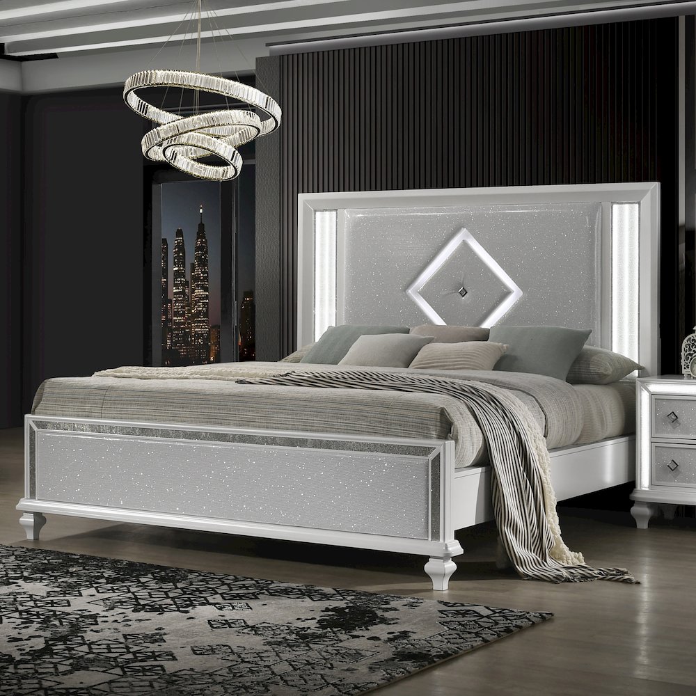 Stardust Solid Wood Cal King Upholstered Bed, White. Picture 8