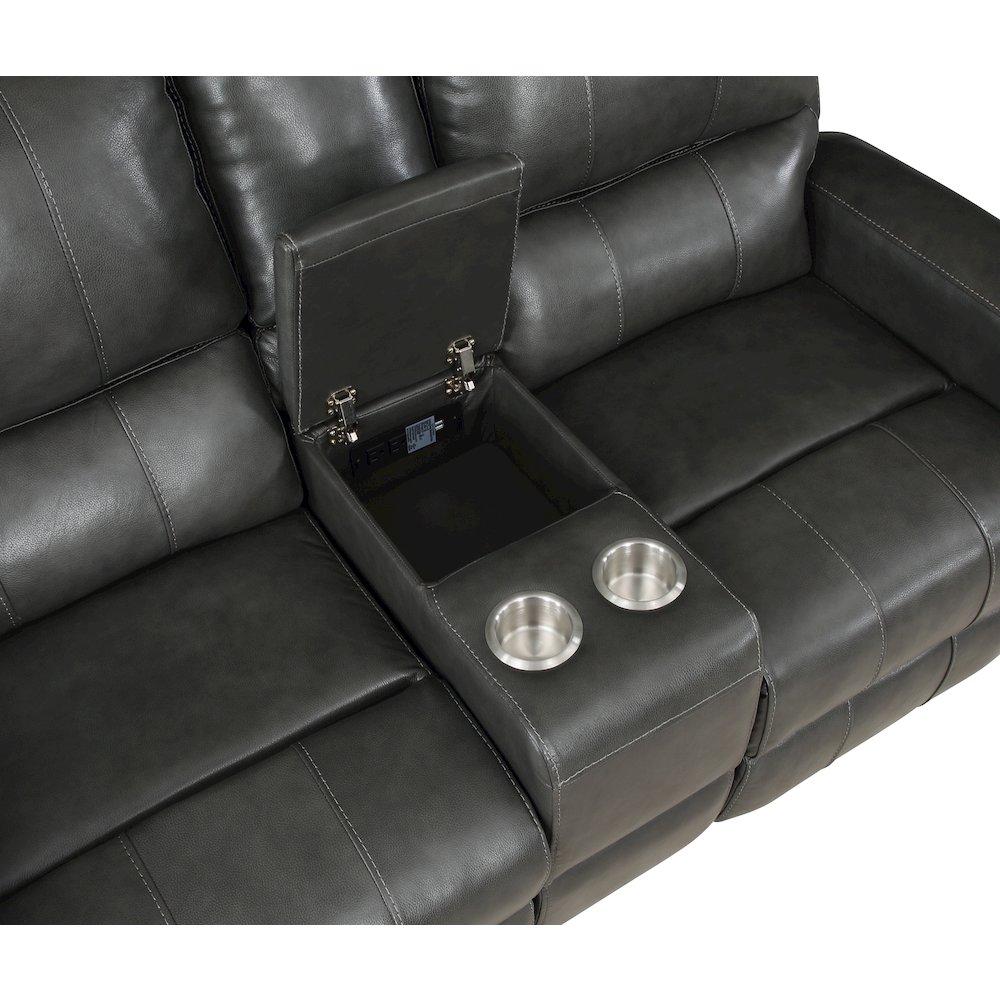 Linton Leather Console Loveseat W/ Pwr Fr-Gray. Picture 5