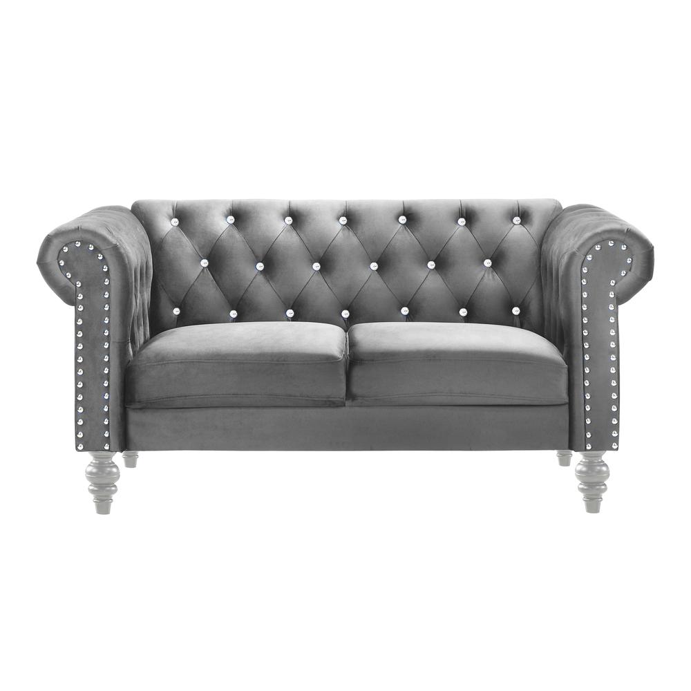 Furniture Emma Velvet Fabric Loveseat with Rolled Arms in Gray. Picture 2