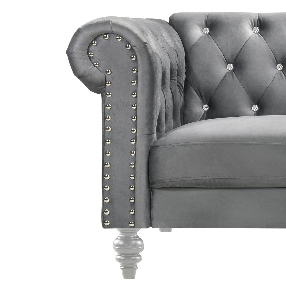 Furniture Emma Velvet Fabric Loveseat with Rolled Arms in Gray. Picture 4