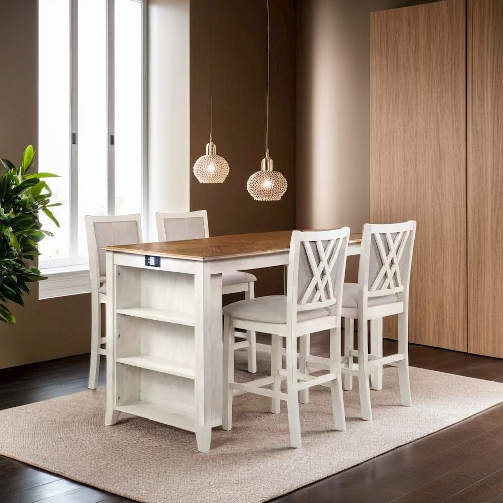 5-Piece Rectangular Wood Dining Set with 4 Chairs in Beige & Brown Finish. Picture 5