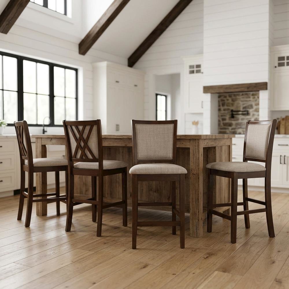 Solid Wood Counter Height Bar Stools with Polyester Upholstered Seats, Set of 4. Picture 2