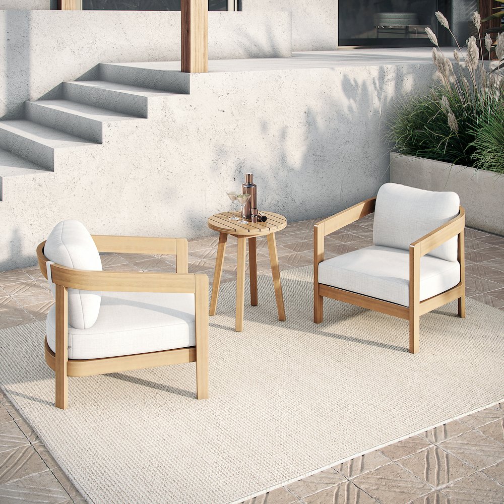 Wesley 3-pc Wood Patio Conversation Set in Natural/White. Picture 9
