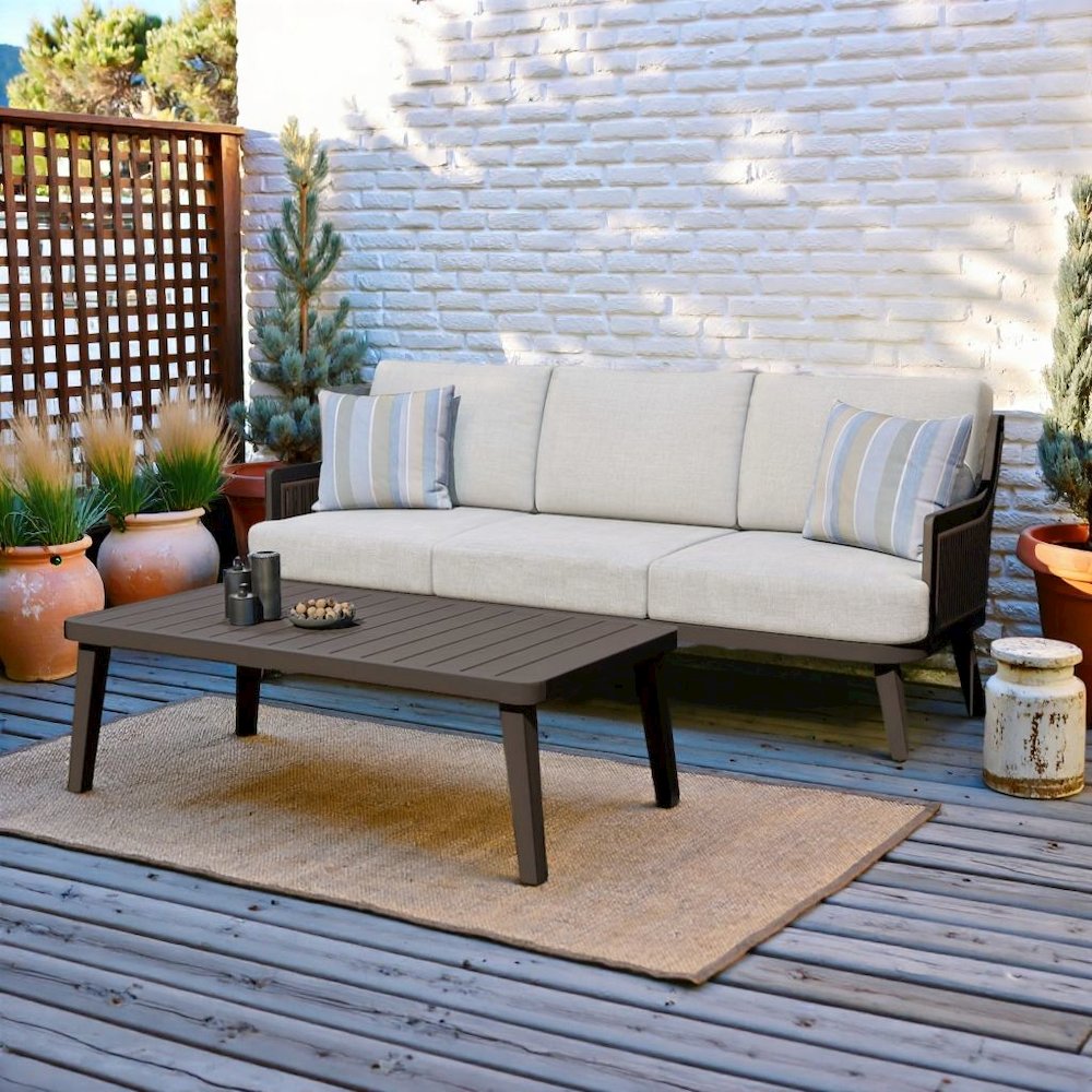 Brown Outdoor Sofa and Coffee Table Set with Ivory Cushions, Set of 2-pcs. Picture 3