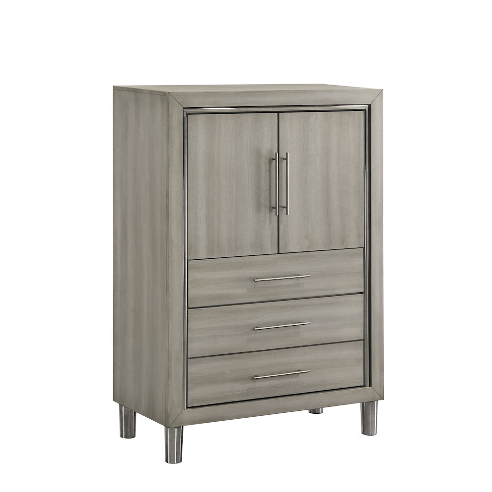 New Classic Furniture Lennox Wood Modern Door Chest with LED Light in Gray. Picture 1