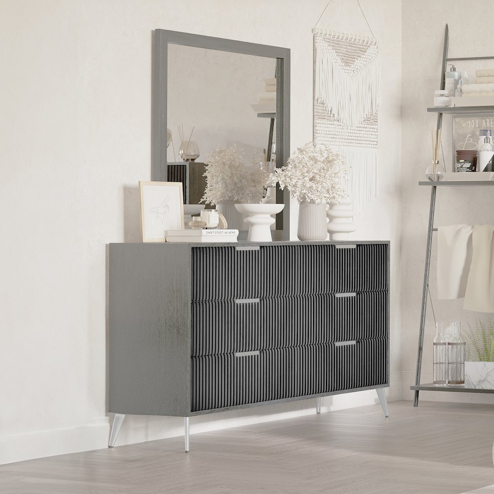 Kailani Wood 6-Drawer Dresser with Mirror, Gray. Picture 2