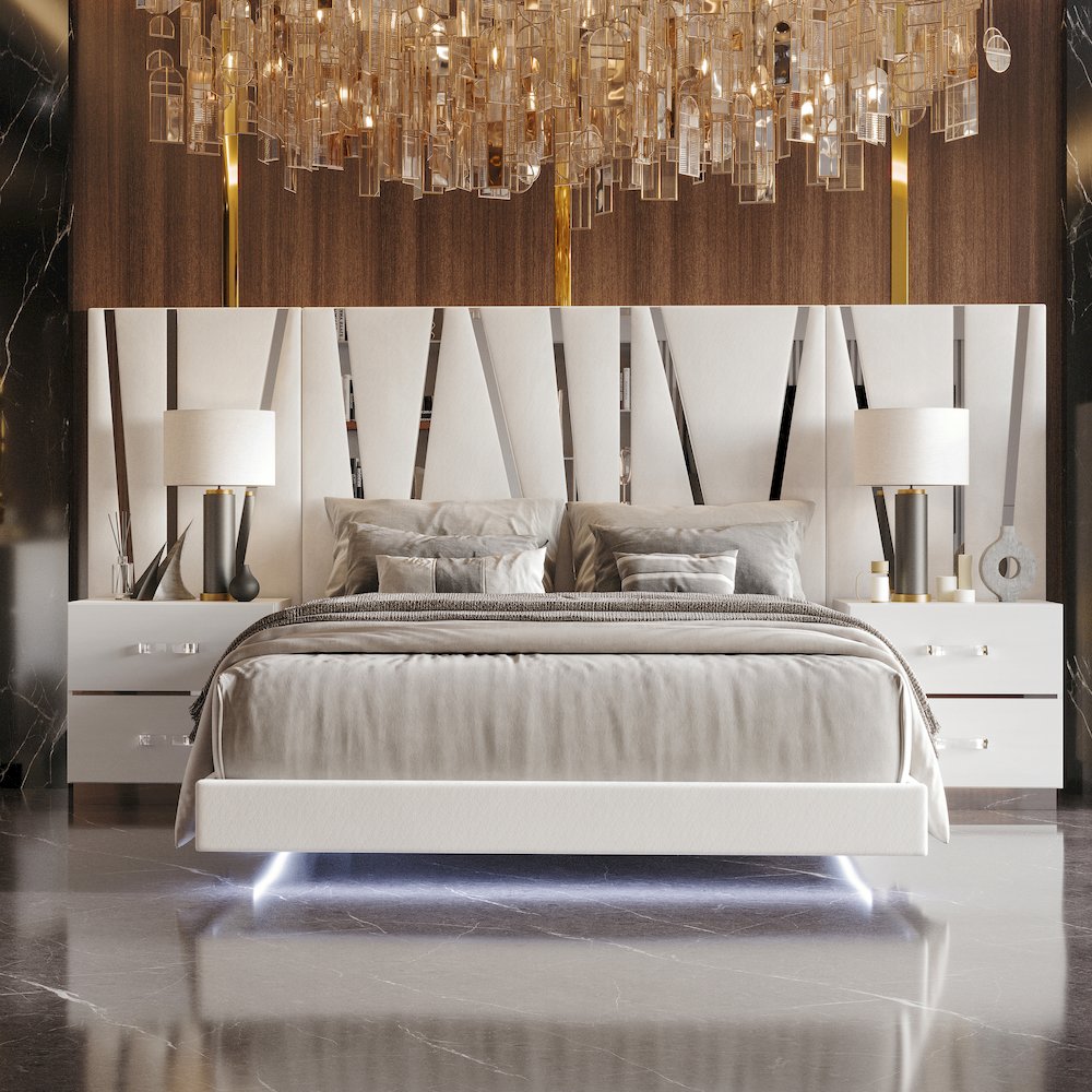 Europa Wood King Bed with 2 Nightstands and Panels, White. Picture 1