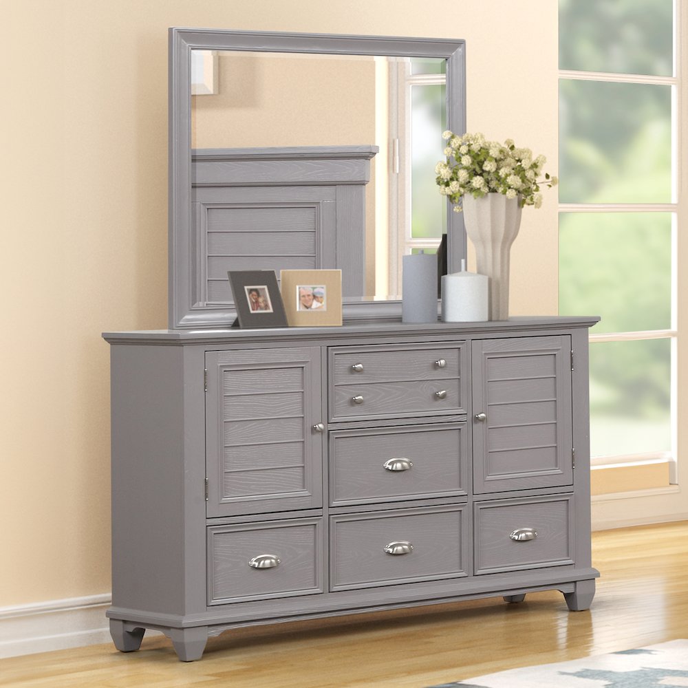 Jamestown Wood 5-Drawer Dresser with Mirror, Gray. Picture 2