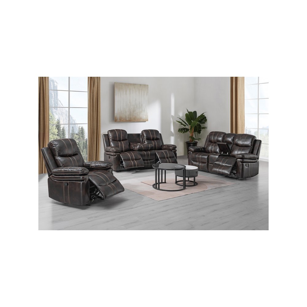 Kellen 3-Piece Faux Leather Manual Living Room Set, Brown. Picture 14