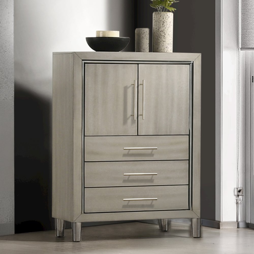 New Classic Furniture Lennox Wood Modern Door Chest with LED Light in Gray. Picture 2
