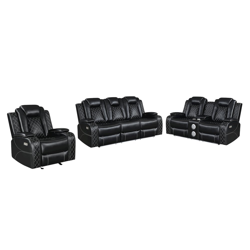 Orion II 3-Pc Faux Leather Power Living Room Set, Black. Picture 1