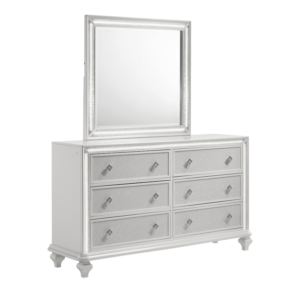 Stardust Wood 6-Drawer Dresser with Mirror, White. Picture 1