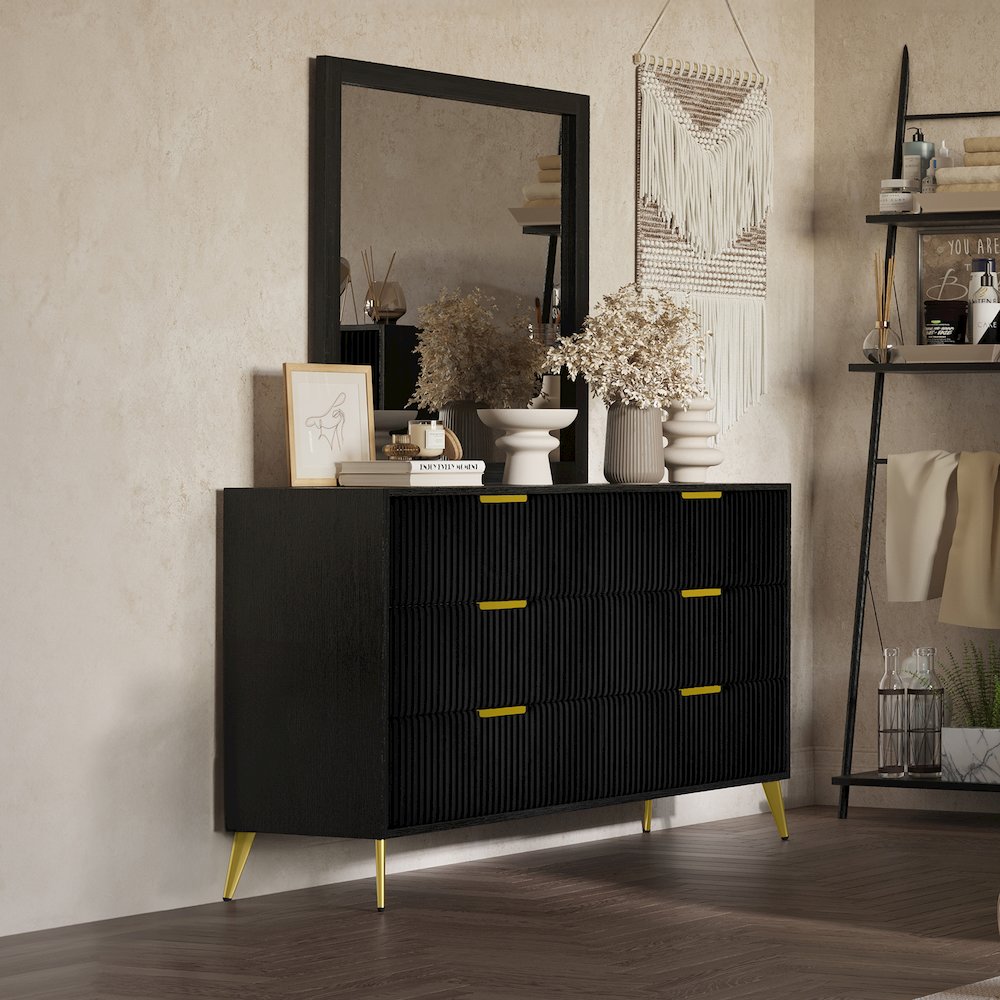 Kailani Wood 6-Drawer Dresser with Mirror, Black. Picture 2