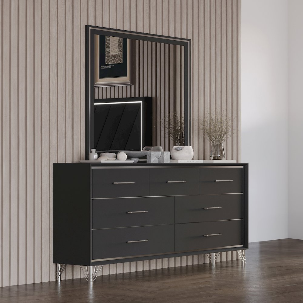 Ava 2-Piece Wood Dresser and Mirror Set in Ebony Black. Picture 2