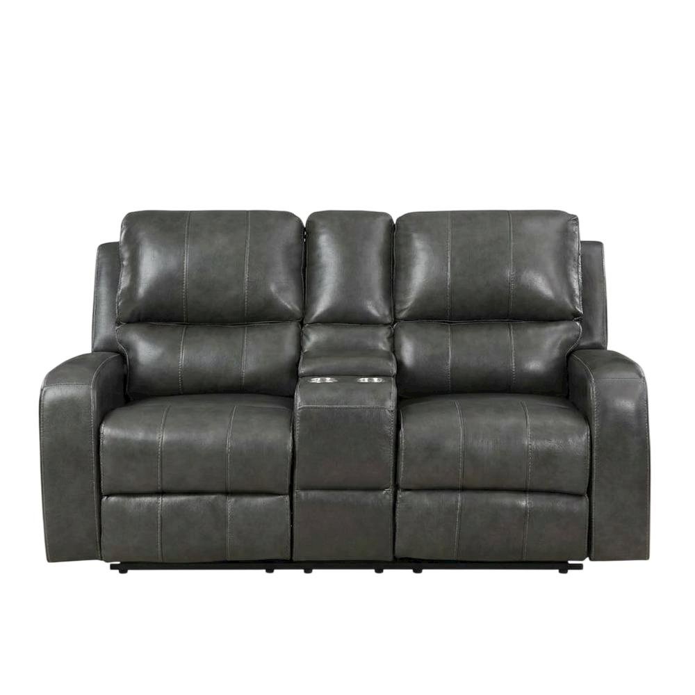 Leather Power Reclining Loveseat with Console, Upholstered Love Seat, Grey. Picture 1