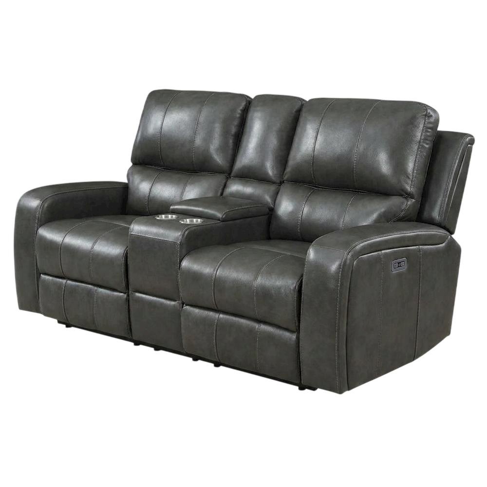 Leather Power Reclining Loveseat with Console, Upholstered Love Seat, Grey. Picture 3