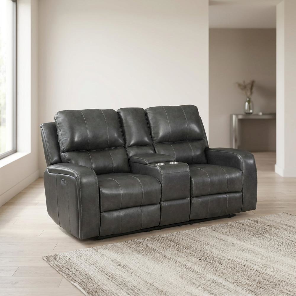 Leather Power Reclining Loveseat with Console, Upholstered Love Seat, Grey. Picture 2