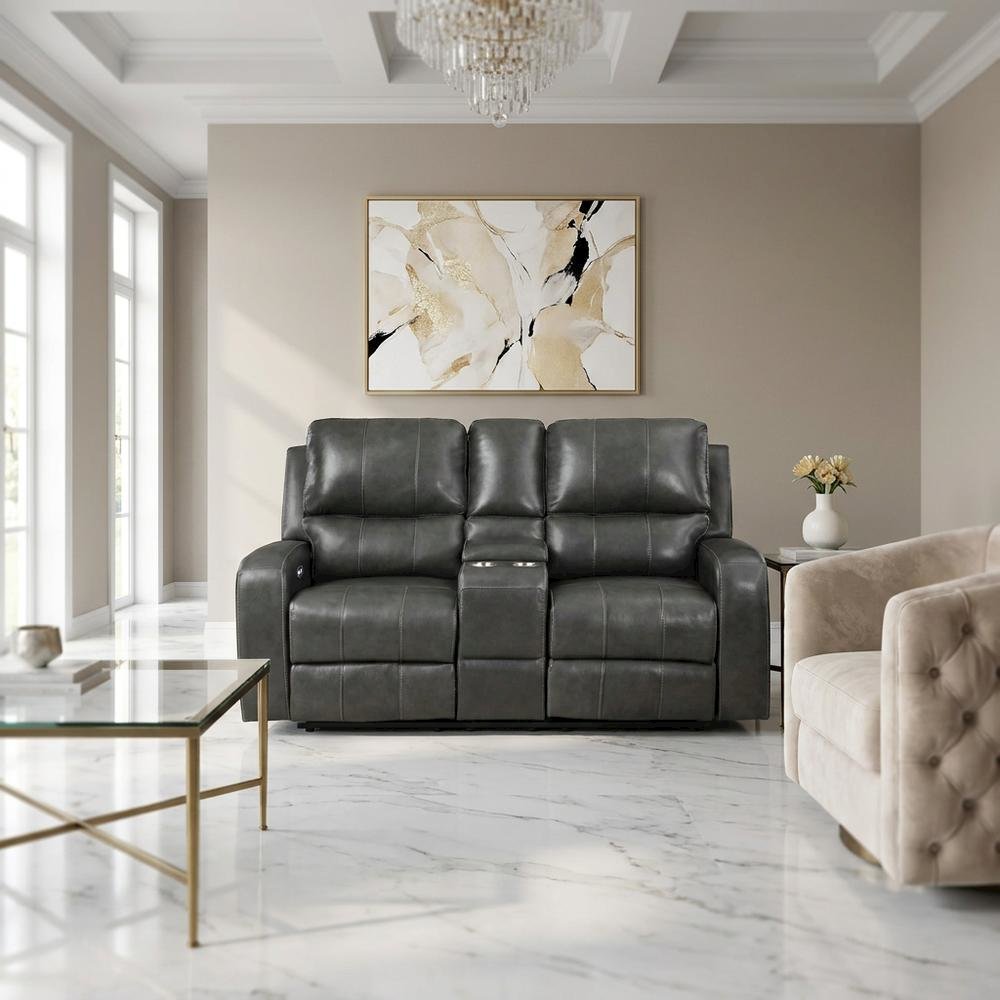 Leather Power Reclining Loveseat with Console, Upholstered Love Seat, Grey. Picture 4