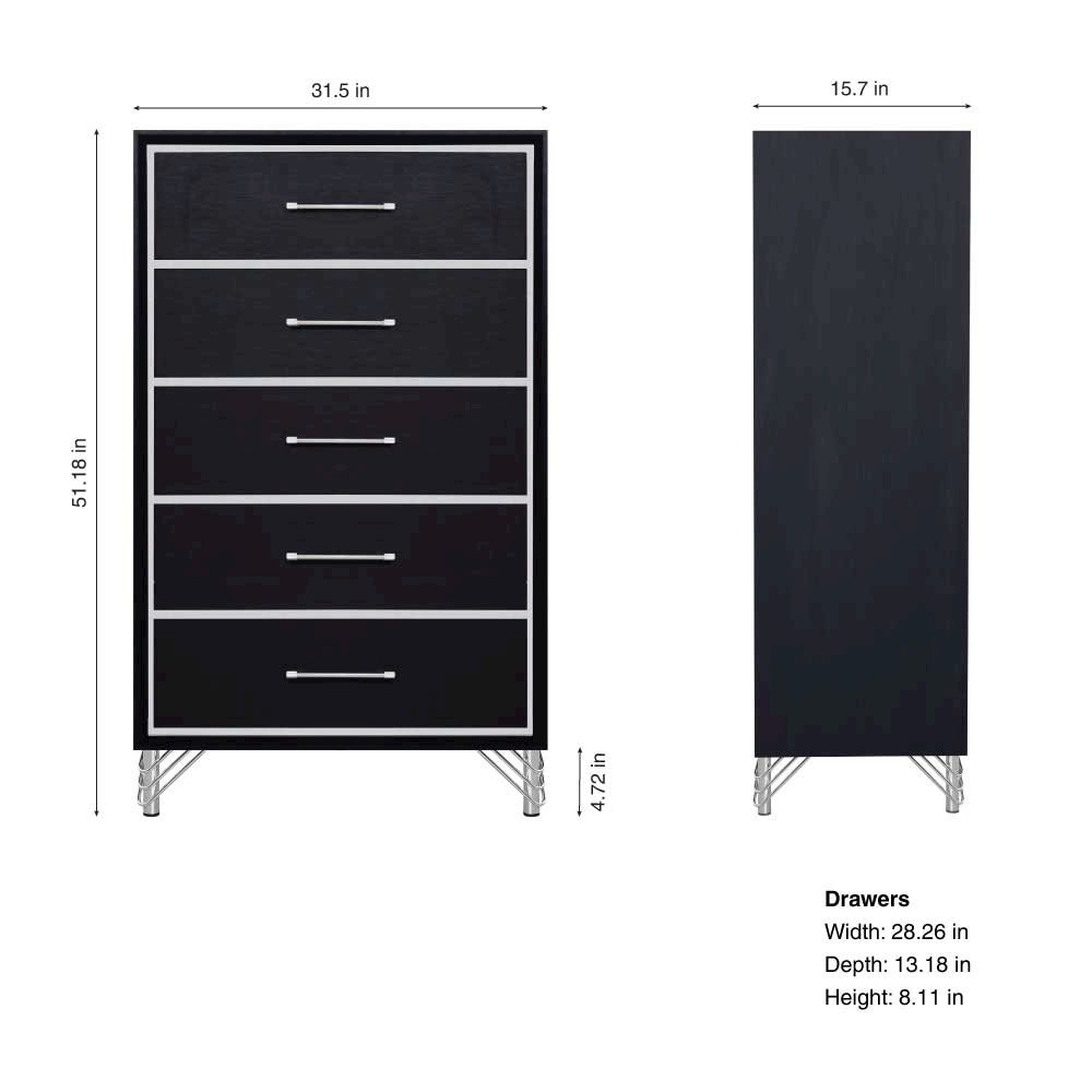 Ava Wood 5 Metal Glide Drawers Chest in Ebony Black. Picture 7