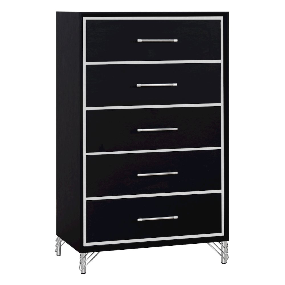 Ava Wood 5 Metal Glide Drawers Chest in Ebony Black. Picture 1