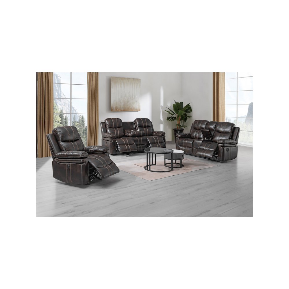 Kellen 3-Piece Faux Leather Power Living Room Set, Brown. Picture 13