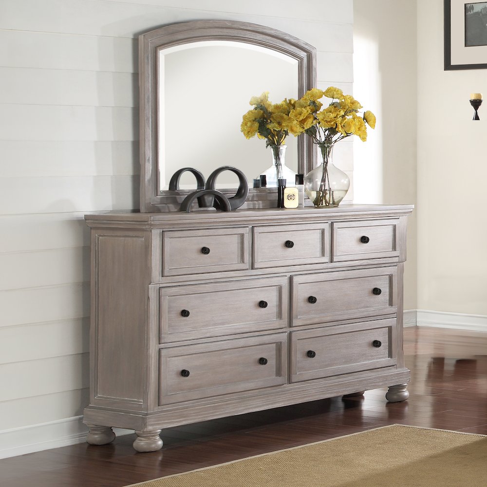 Allegra Wood 7-Drawer Dresser with Mirror, Pewter. Picture 2