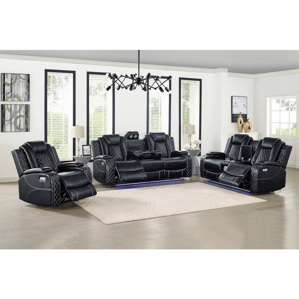 Orion II 3-Pc Faux Leather Power Living Room Set, Black. Picture 9