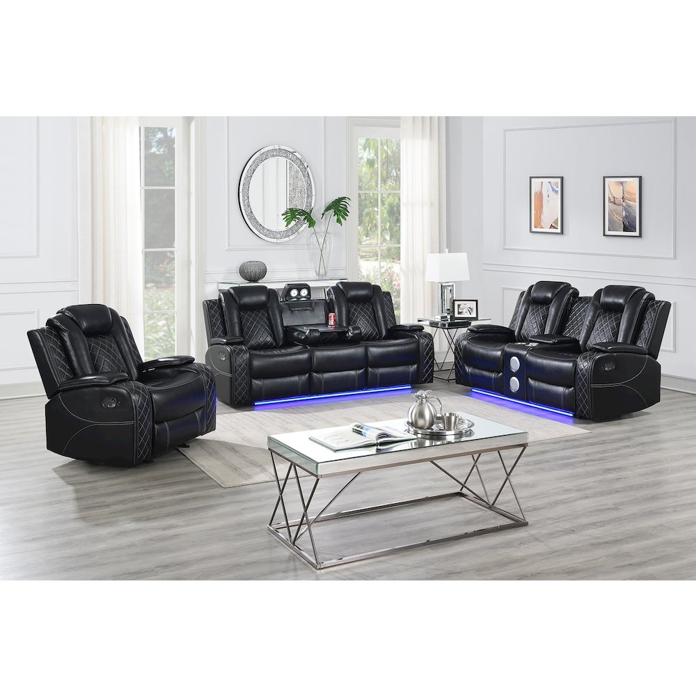 Orion II 3-Pc Faux Leather Manual Living Room Set, Black. Picture 8