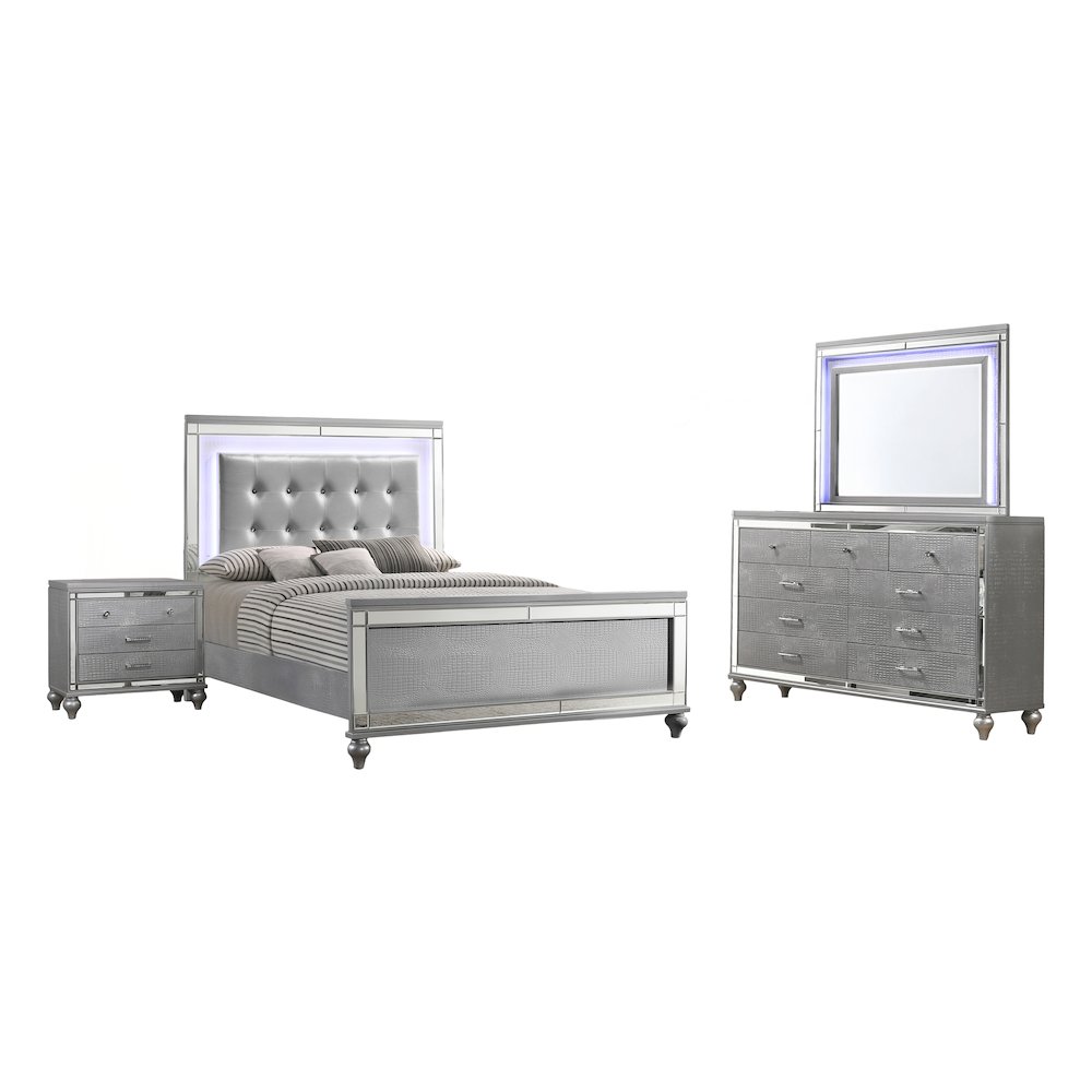 Valentine 4-Piece Wood Queen Bedroom Set with Nightstand in Silver. Picture 1
