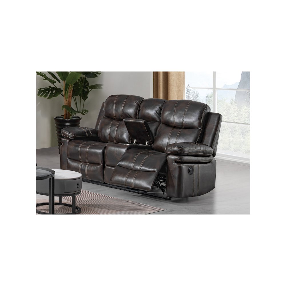 Kellen Faux Leather Power Console Loveseat, Brown. Picture 6