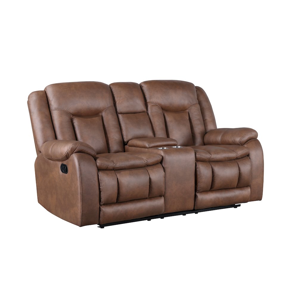 Morello Fabric Console Loveseat w/ Dual Recliners, Brown. Picture 1