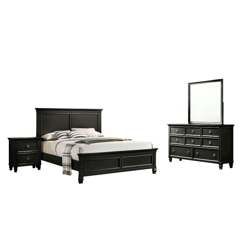 Tamarack 4-Piece Wood Queen Bedroom Set with Nightstand in Black. Picture 1