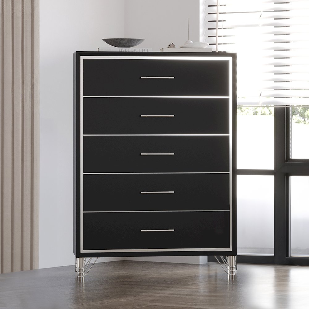 Ava Wood 5 Metal Glide Drawers Chest in Ebony Black. Picture 2