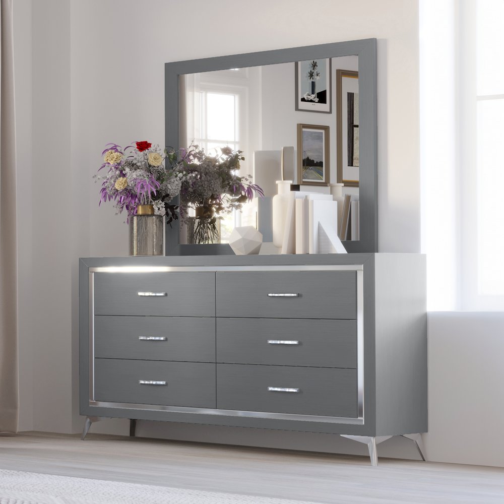 Huxley Wood 6-Drawer Dresser with Mirror, Gray. Picture 2