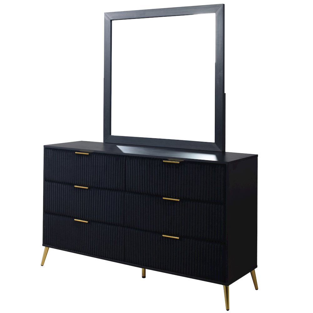 Kailani Wood 6-Drawer Dresser with Mirror, Black. Picture 1