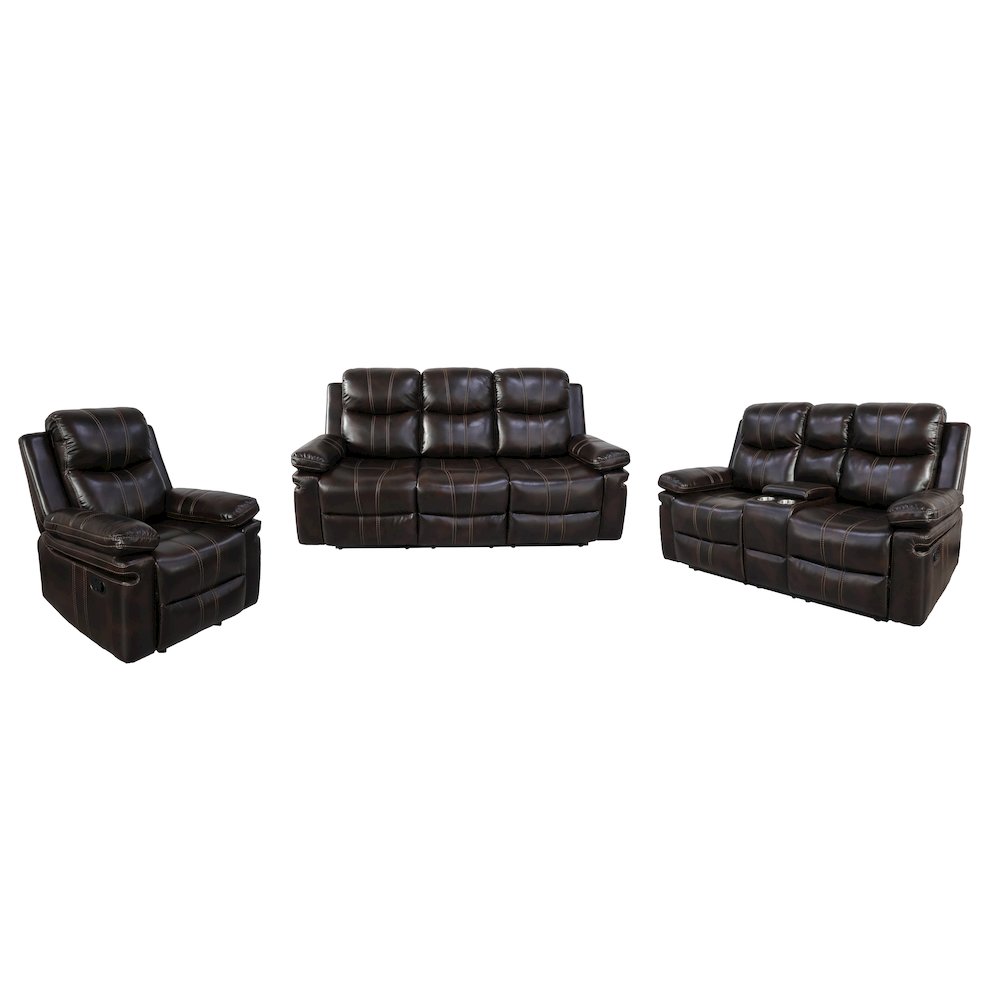Kellen 3-Piece Faux Leather Manual Living Room Set, Brown. Picture 1