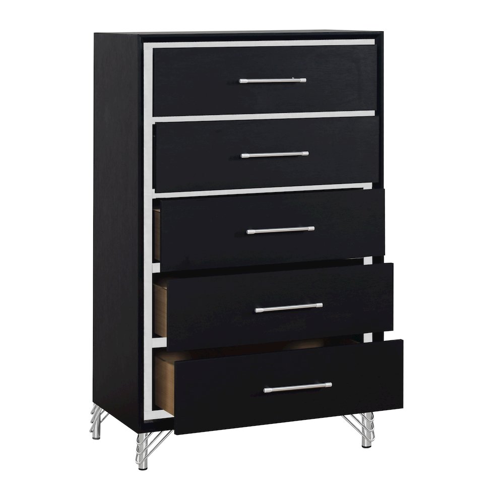 Ava Wood 5 Metal Glide Drawers Chest in Ebony Black. Picture 4
