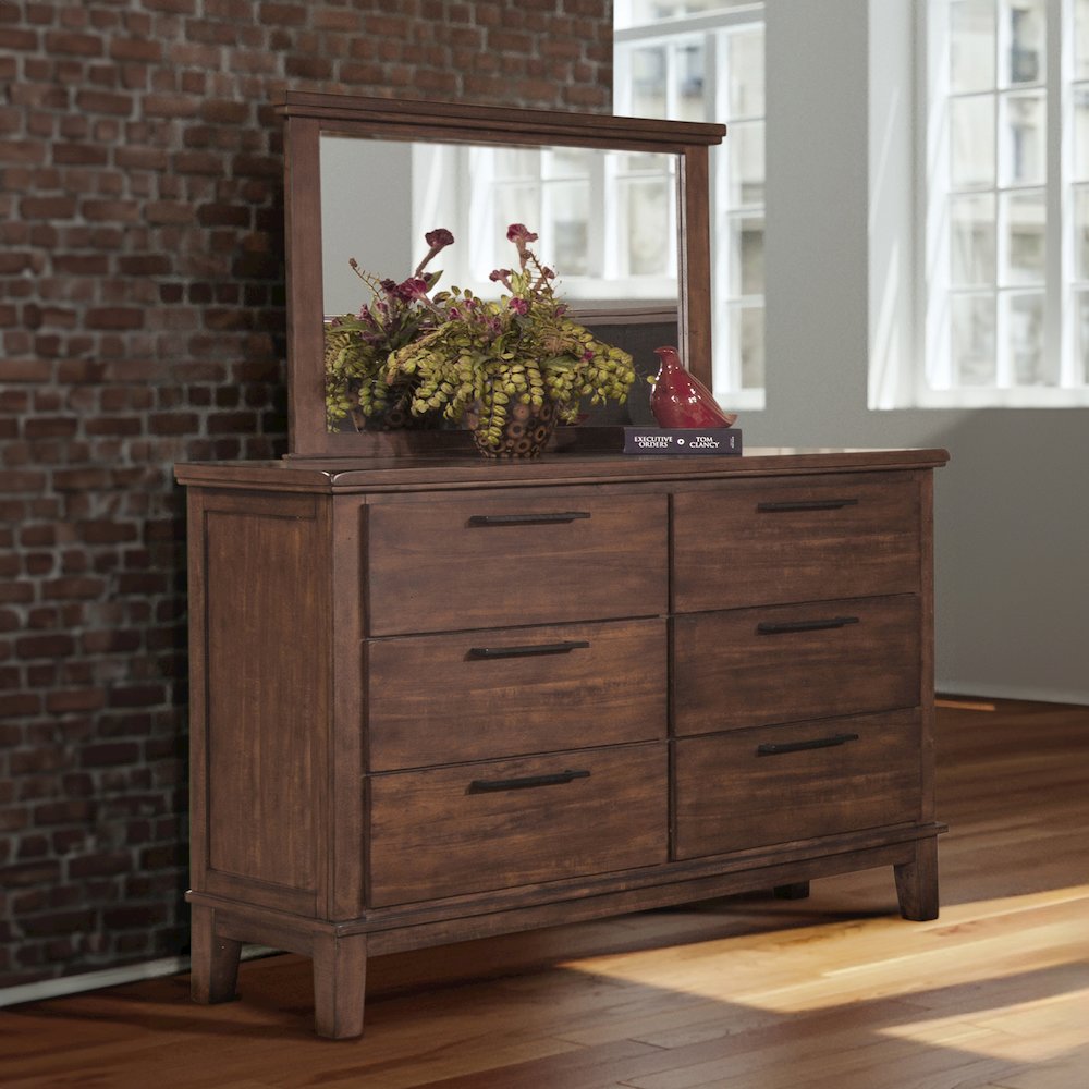 Cagney Wood 6-Drawer Dresser with Mirror, Chestnut. Picture 6