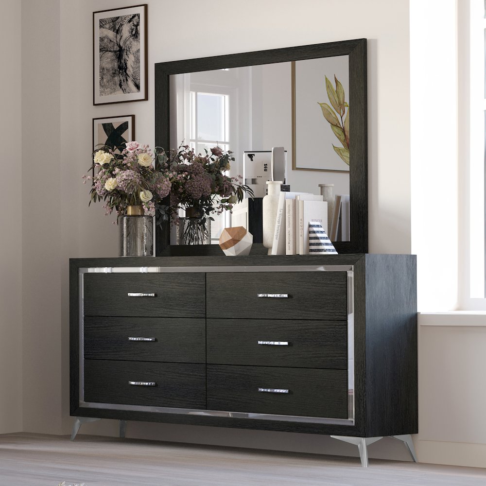 Huxley Wood 6-Drawer Dresser with Mirror, Black. Picture 2