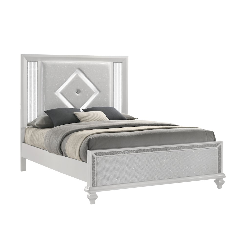Stardust Solid Wood Queen Upholstered Bed, White. Picture 1