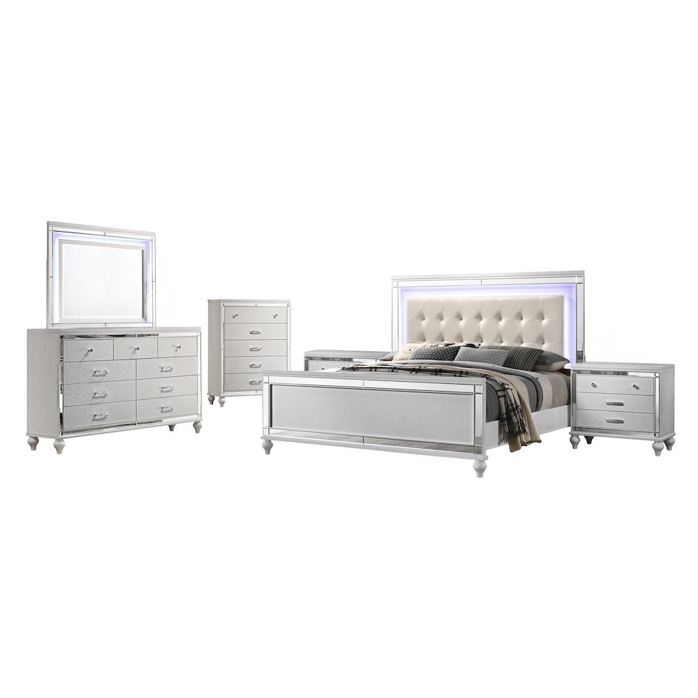 Furniture Valentine 6-Piece Solid Wood King Bedroom Set in White. Picture 1