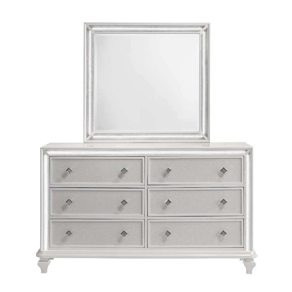 Stardust Wood 6-Drawer Dresser with Mirror, White. Picture 3