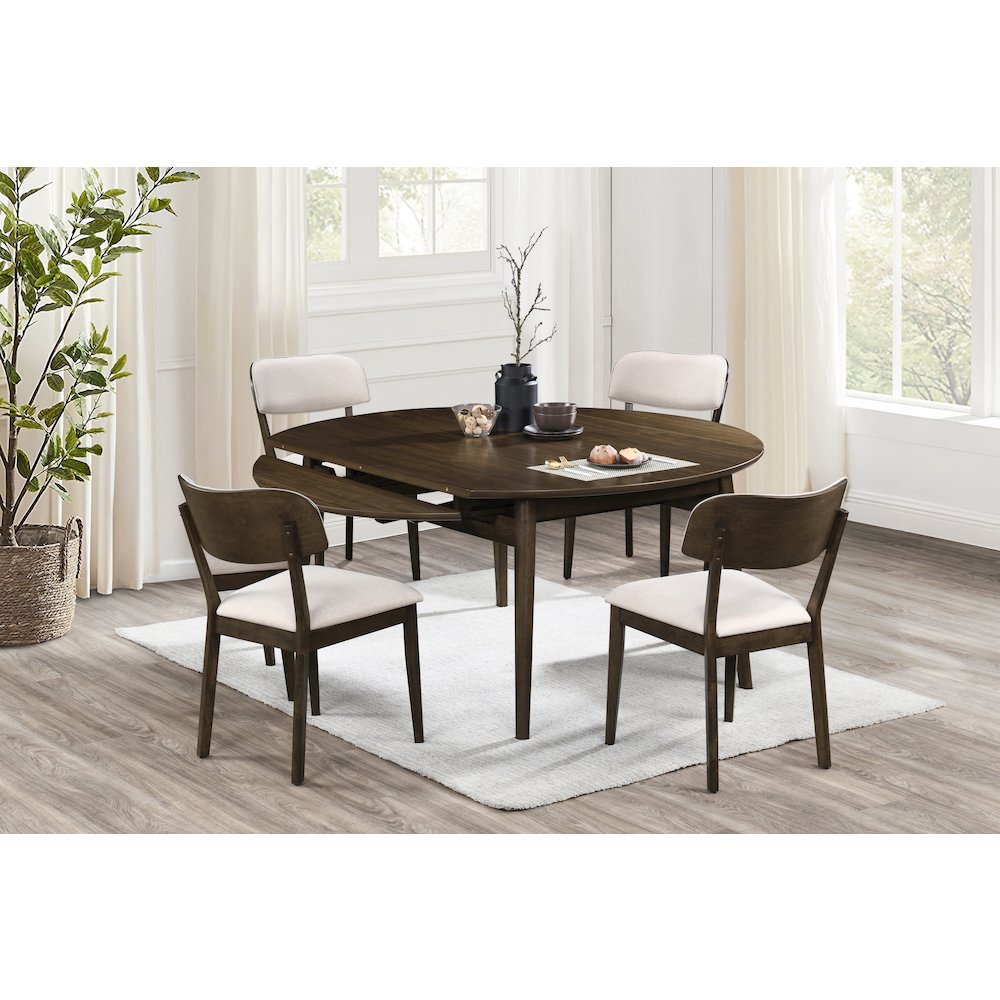 Rex 5-Piece Wood Round Dining Set with Leaf Table, Walnut. Picture 2