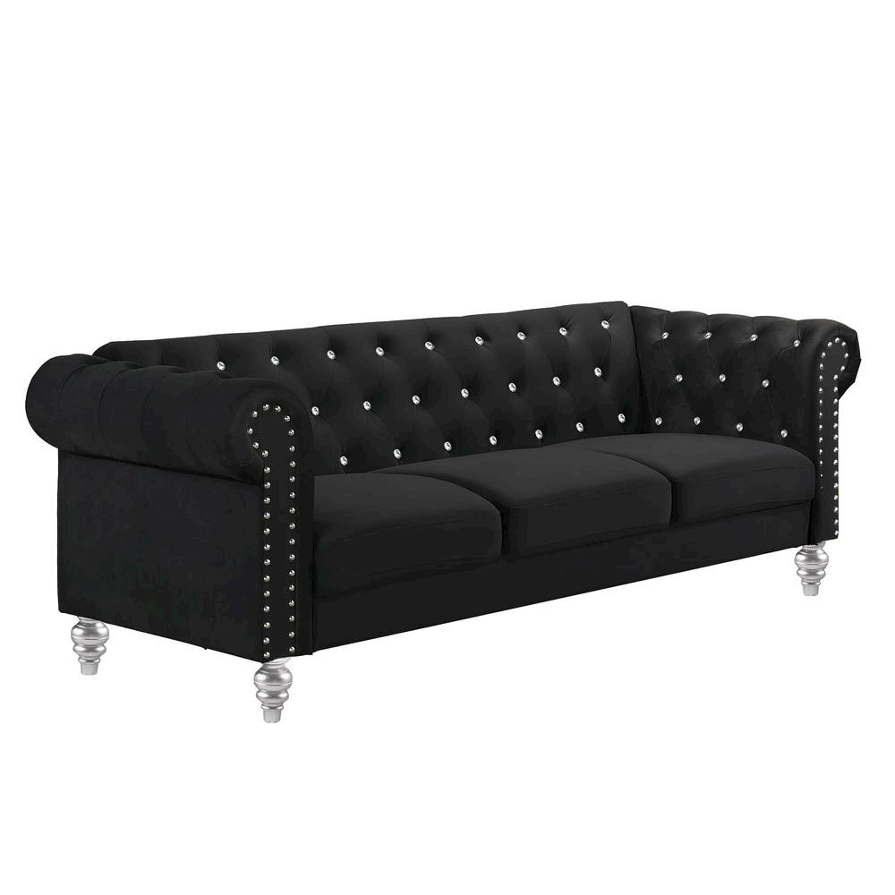 Black Velvet Sofa with Rolled Arms – Elegant Velvet Couch for Living Room. Picture 1
