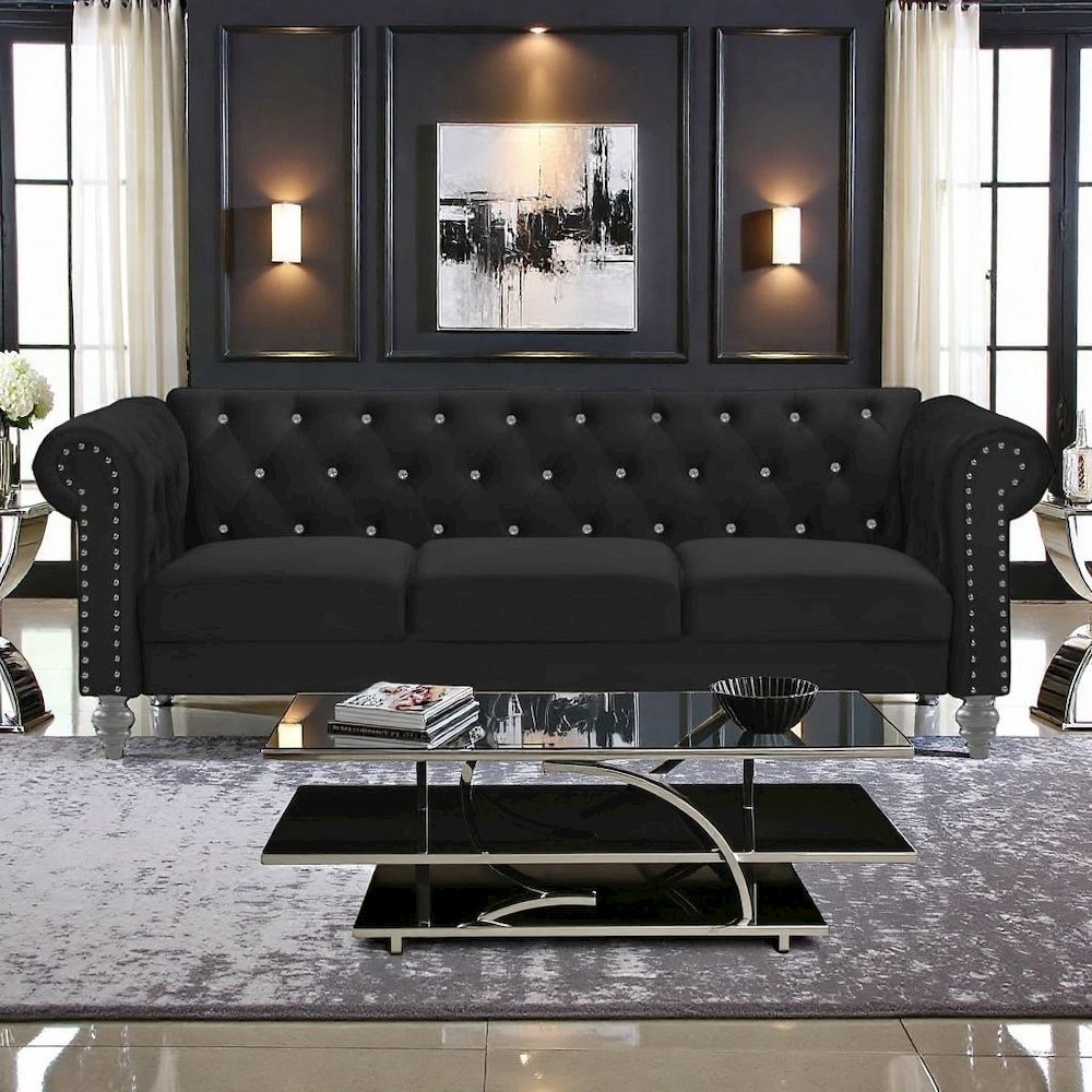 Black Velvet Sofa with Rolled Arms – Elegant Velvet Couch for Living Room. Picture 2