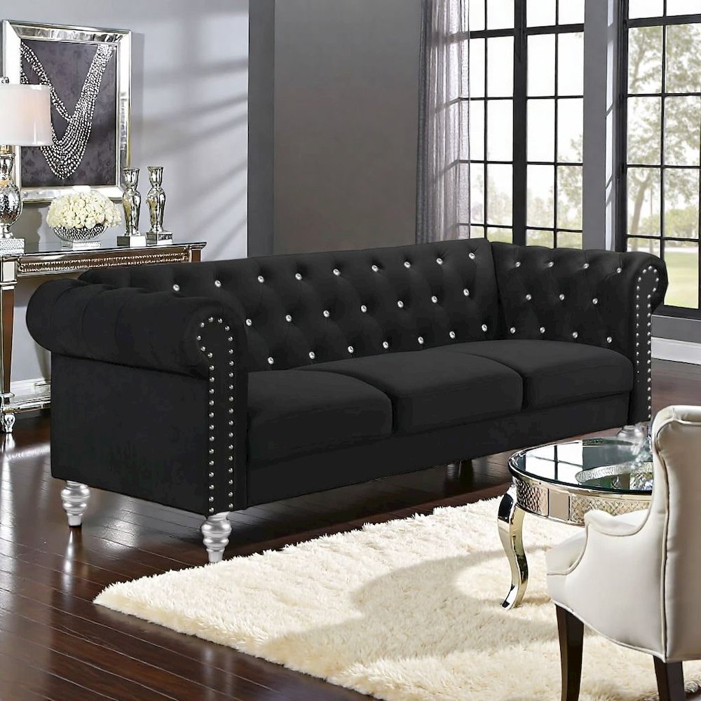 Black Velvet Sofa with Rolled Arms – Elegant Velvet Couch for Living Room. Picture 3
