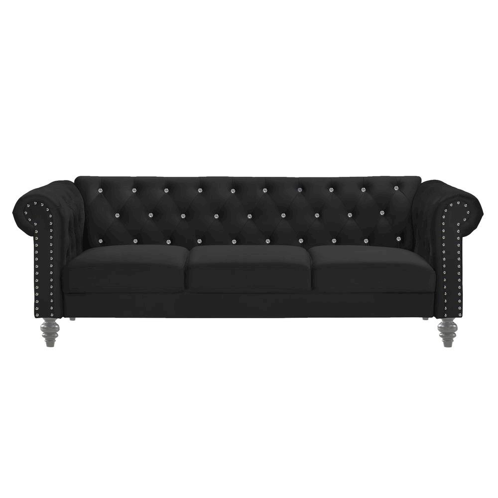 Black Velvet Sofa with Rolled Arms – Elegant Velvet Couch for Living Room. Picture 4