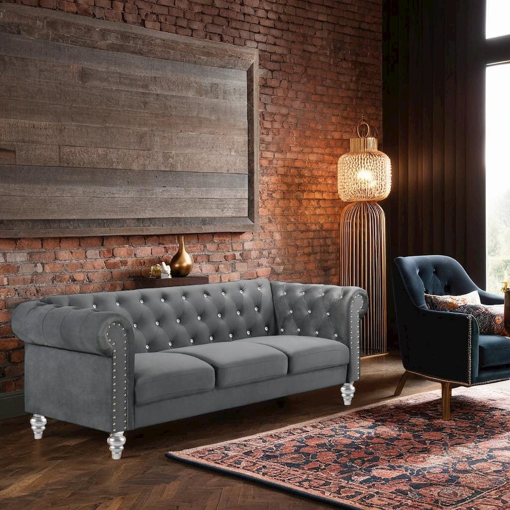 Velvet Fabric Sofa with Rolled Arms in Gray, Elegant Living Room Seating. Picture 4