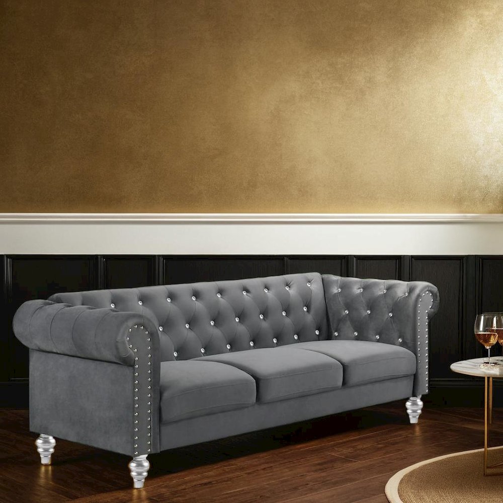 Velvet Fabric Sofa with Rolled Arms in Gray, Elegant Living Room Seating. Picture 5